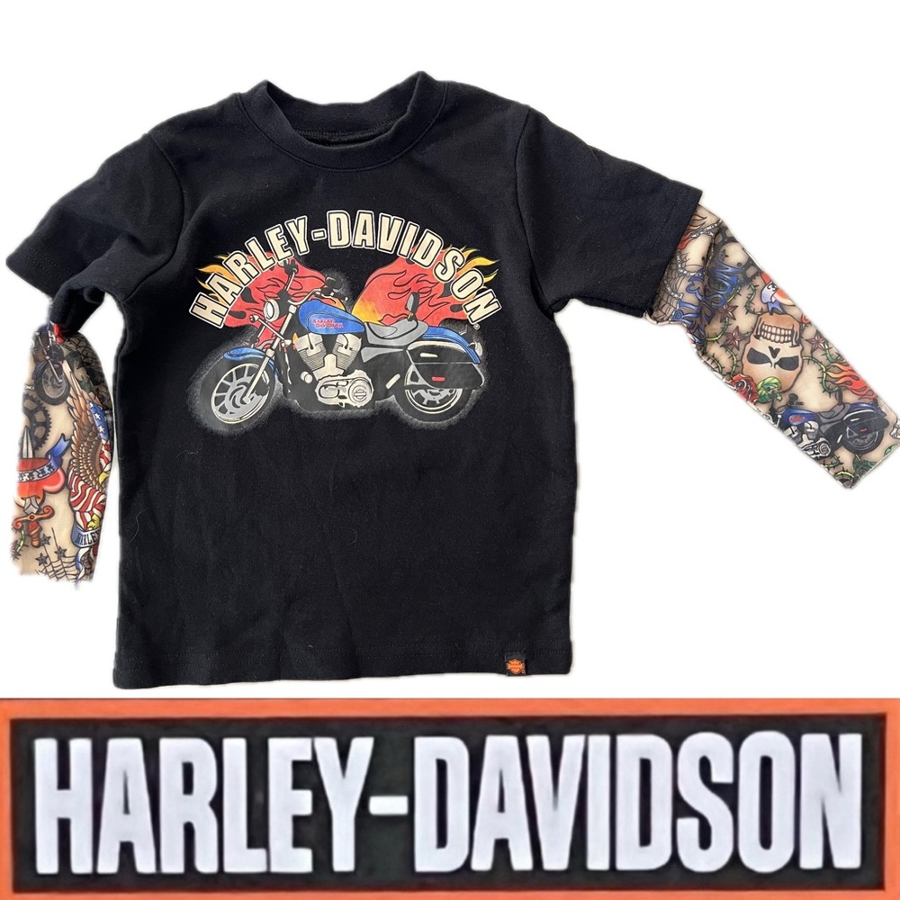Harley-Davidson Black Long Sleeve Kids Tee with Tattoo Sleeves